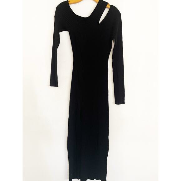 Moon River Anthropology Shoulder Cutout Sweater Dress L Black Ribbed Knit Midi - Picture 5 of 12